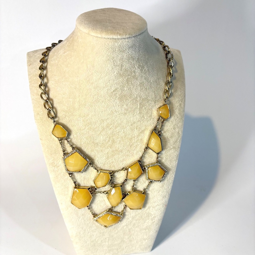 Yellow Geometric Resin Bib Statement Necklace Gold Tone Rhinestone Accent 18in